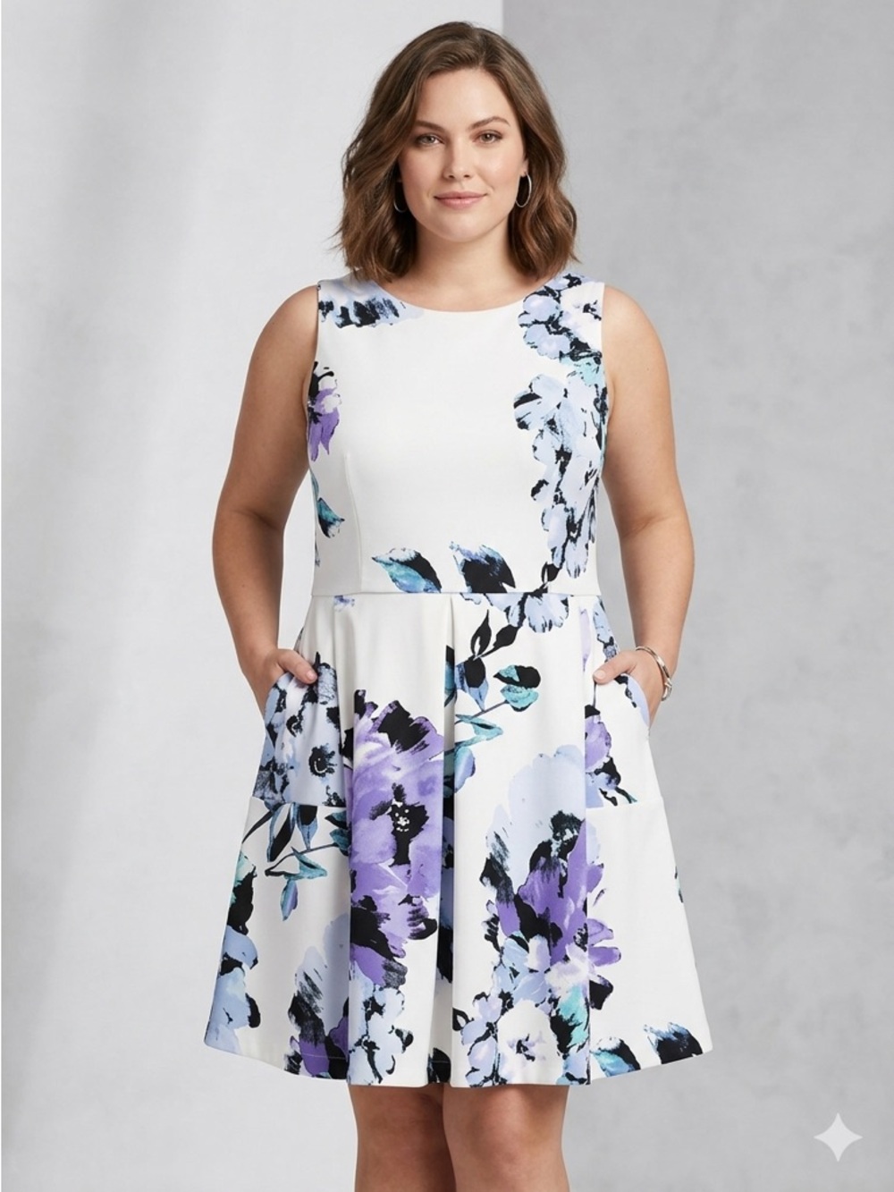 Just...Taylor White Midi Dress with Purple & Teal Floral Print Size 18W